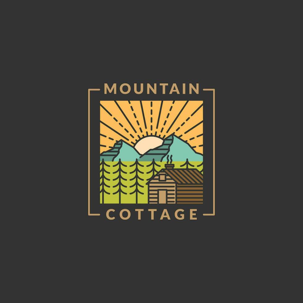 Montagne Matin et chalet badge vecteur illustration avec monoline ou ligne art style