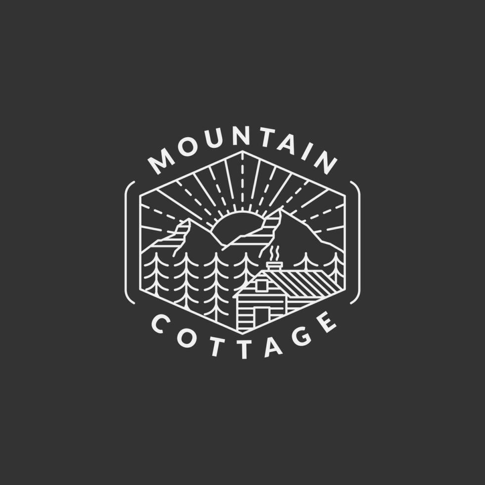 Montagne Matin et chalet badge vecteur illustration avec monoline ou ligne art style