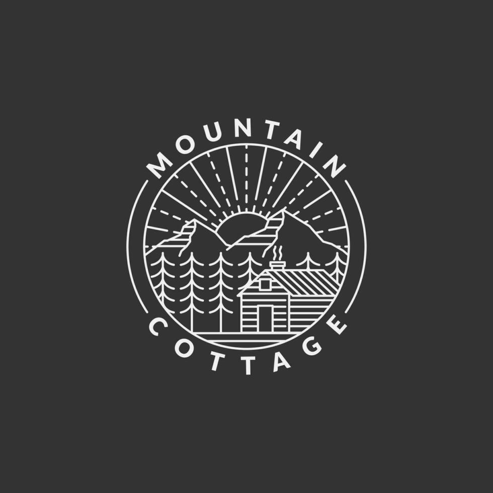 Montagne Matin et chalet badge vecteur illustration avec monoline ou ligne art style