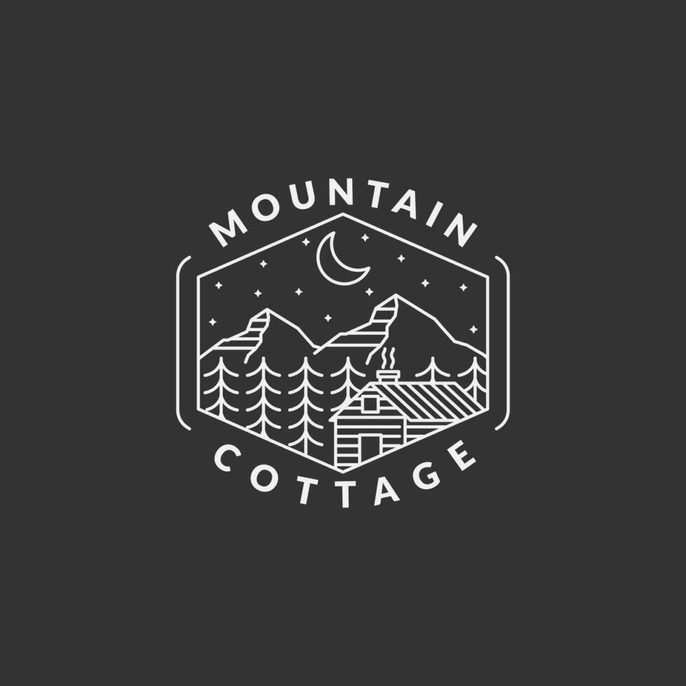 Montagne nuit et chalet badge vecteur illustration avec monoline ou ligne art style