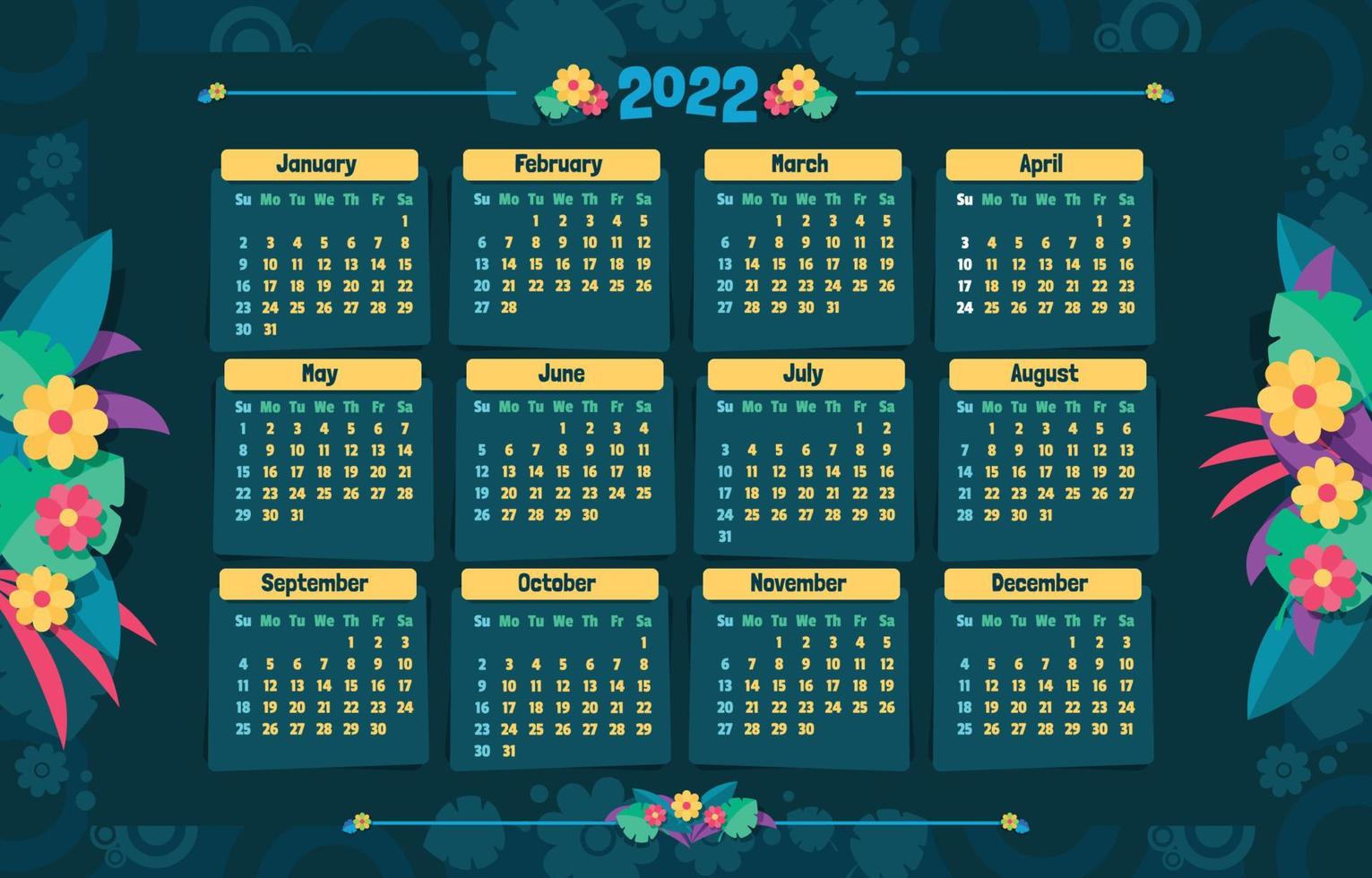 Calendrier floral 2022 vecteur