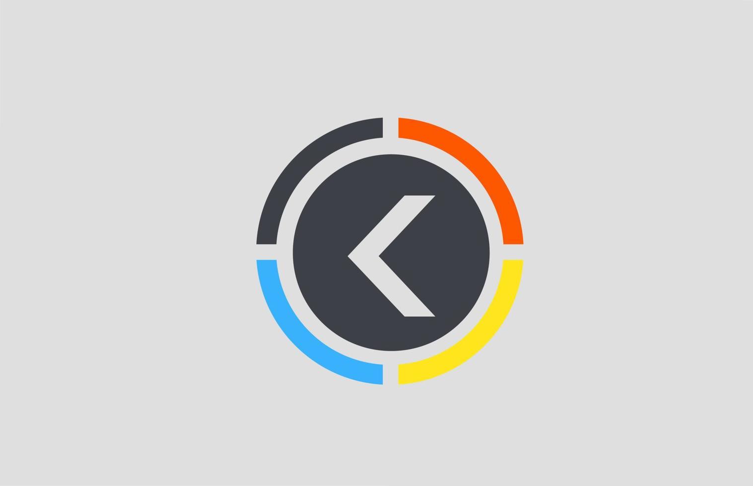 logo de lettre de l'alphabet jaune orange bleu k pour entreprise avec conception de cercle vecteur