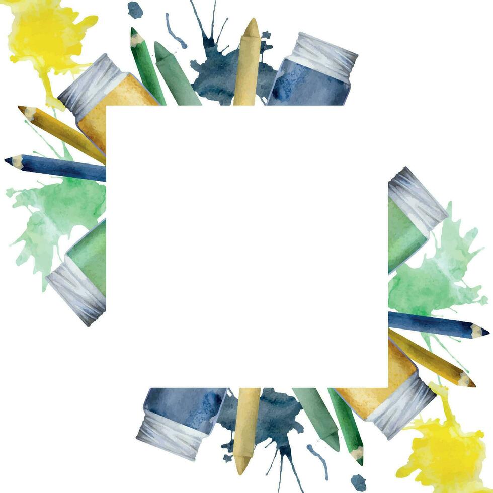 aquarelle main tiré illustration, des gamins les enfants La peinture matériaux fournitures, vert bleu Jaune papeterie, éclaboussures. carré Cadre isolé sur blanche. pour école, Jardin d'enfants, faire la fête, cartes, site Internet vecteur