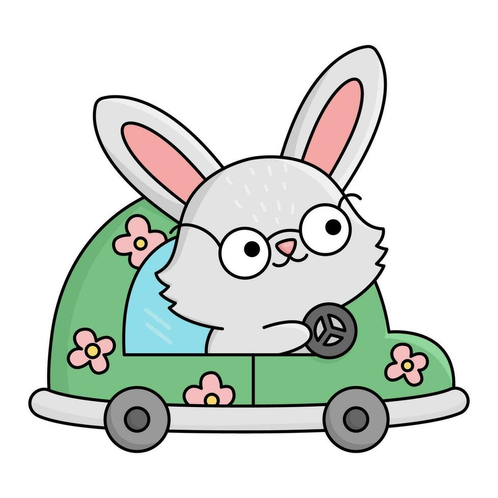 vecteur Pâques lapin icône pour enfants. mignonne kawaii lapin illustration. marrant dessin animé lièvre personnage. traditionnel printemps vacances symbole dans des lunettes conduite une vert voiture avec rose fleurs