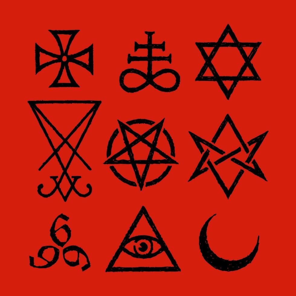 satanique symboles, médiéval occultisme, la magie timbres, les sceaux, clés, mystique symboles nœuds, les diables traverser. sceau Lucifer baphomet vecteur