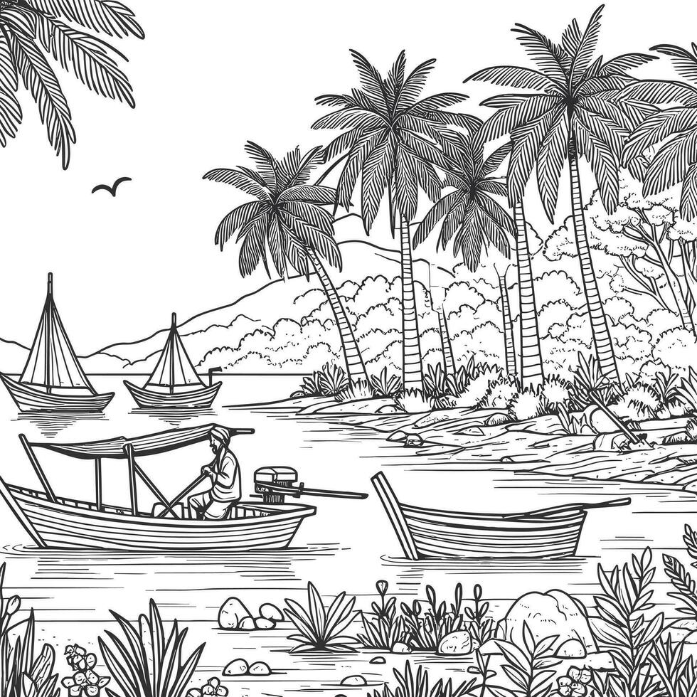 coloration livre Facile croquis pour enfants, des illustrations de Naturel vues sur le plage, là sont pêche bateaux, noix de coco des arbres et mangrove des arbres vecteur