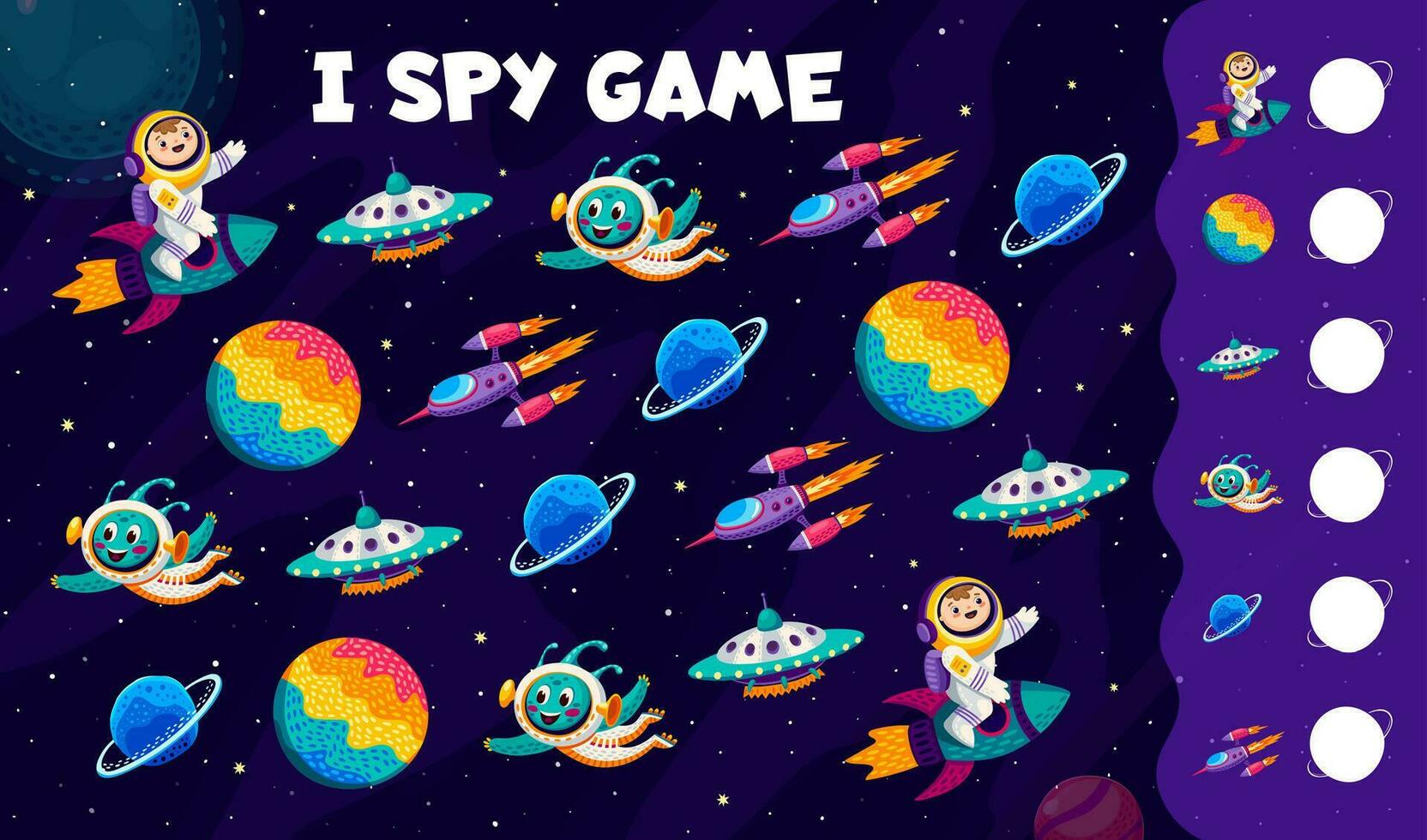 je espion jeu. dessin animé OVNI, extraterrestre, astronaute, fusée vecteur