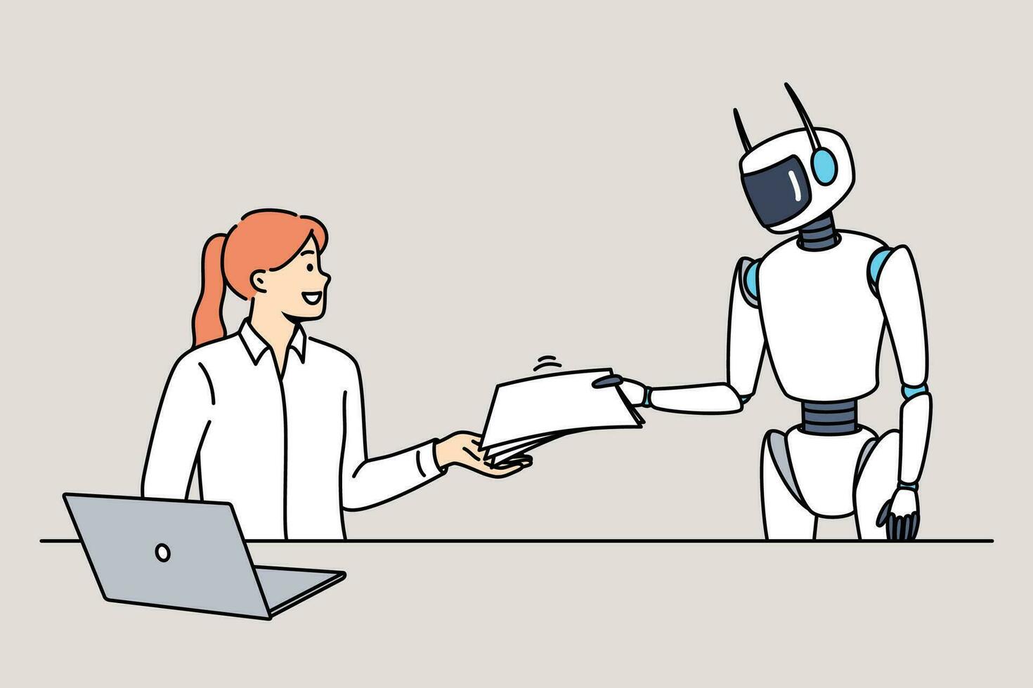 robot assistant aide femme Bureau ouvrier par remise plus de les documents et éliminer formalités administratives vecteur