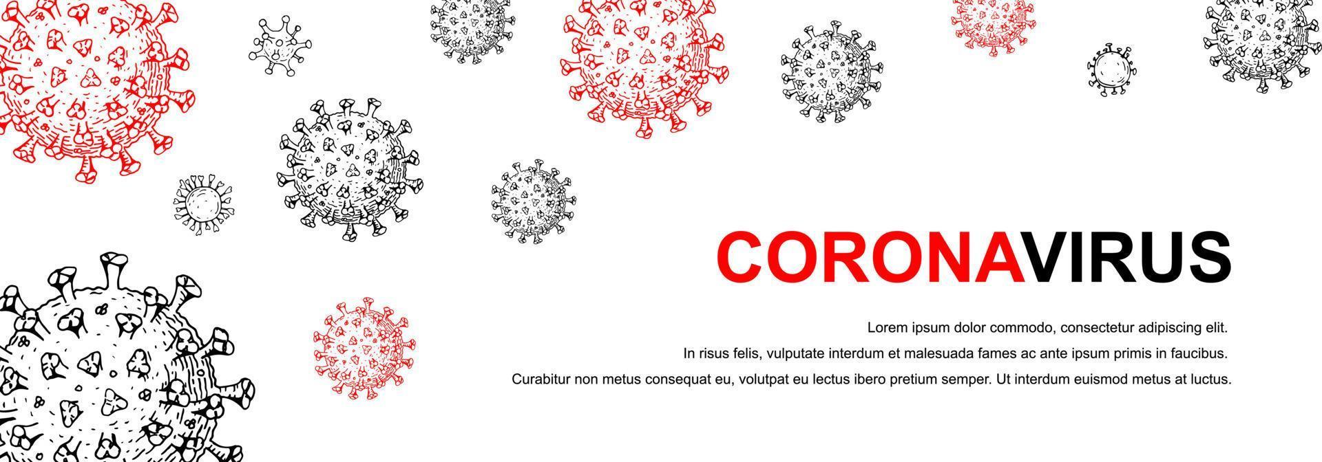 bannière horizontale de coronavirus avec des éléments de conception dessinés à la main. virus du microscope se bouchent. illustration vectorielle dans le style de croquis. covid-2019 vecteur