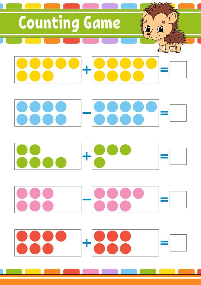 addition et soustraction. tâche pour les enfants. feuille de travail de développement de l'éducation. page couleur de l'activité. jeu pour les enfants. drôle de personnage. illustration vectorielle isolée. style de bande dessinée. vecteur