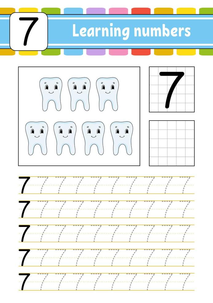 trace et écrit. pratique de l'écriture manuscrite. apprendre les nombres pour les enfants. feuille de travail de développement de l'éducation. page d'activité. jeu pour les tout-petits et les enfants d'âge préscolaire. illustration vectorielle isolée dans un style dessin animé mignon. vecteur