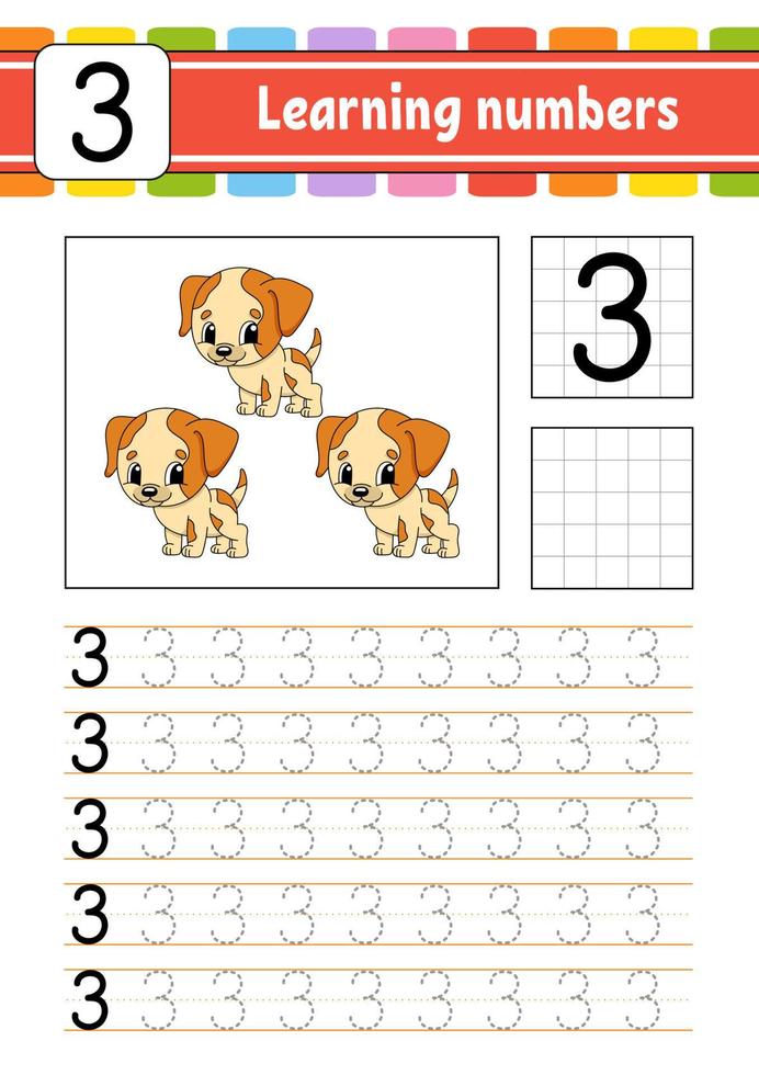 trace et écrit. pratique de l'écriture manuscrite. apprendre les nombres pour les enfants. feuille de travail de développement de l'éducation. page d'activité. jeu pour les tout-petits et les enfants d'âge préscolaire. illustration vectorielle isolée dans un style dessin animé mignon. vecteur