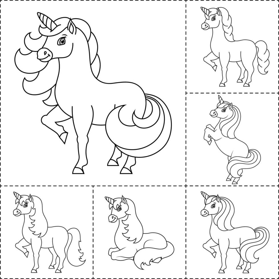 jolie licorne. cheval de fée magique. page de livre de coloriage pour les enfants. style de bande dessinée. illustration vectorielle isolée sur fond blanc. vecteur
