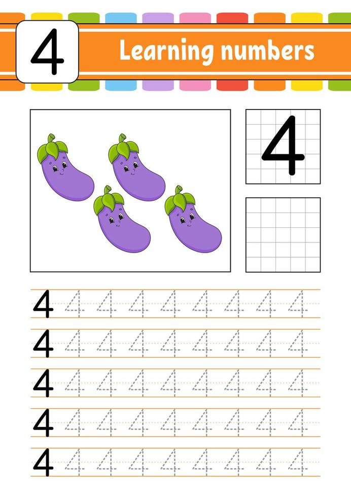 trace et écrit. pratique de l'écriture manuscrite. apprendre les nombres pour les enfants. feuille de travail de développement de l'éducation. page d'activité. jeu pour les tout-petits et les enfants d'âge préscolaire. illustration vectorielle isolée dans un style dessin animé mignon. vecteur