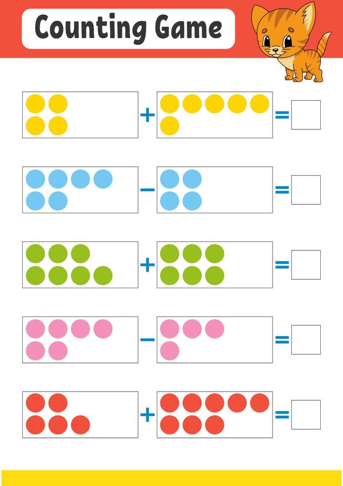 addition et soustraction. tâche pour les enfants. feuille de travail de développement de l'éducation. page couleur de l'activité. jeu pour les enfants. drôle de personnage. illustration vectorielle isolée. style de bande dessinée. vecteur