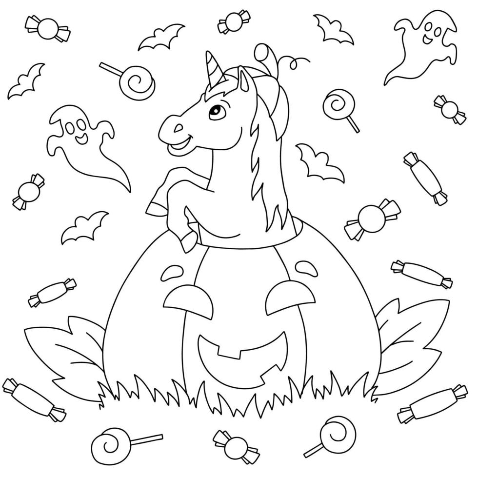 licorne drôle sautant d'une citrouille pour les vacances d'halloween. page de livre de coloriage pour les enfants. personnage de style dessin animé. illustration vectorielle isolée sur fond blanc. vecteur