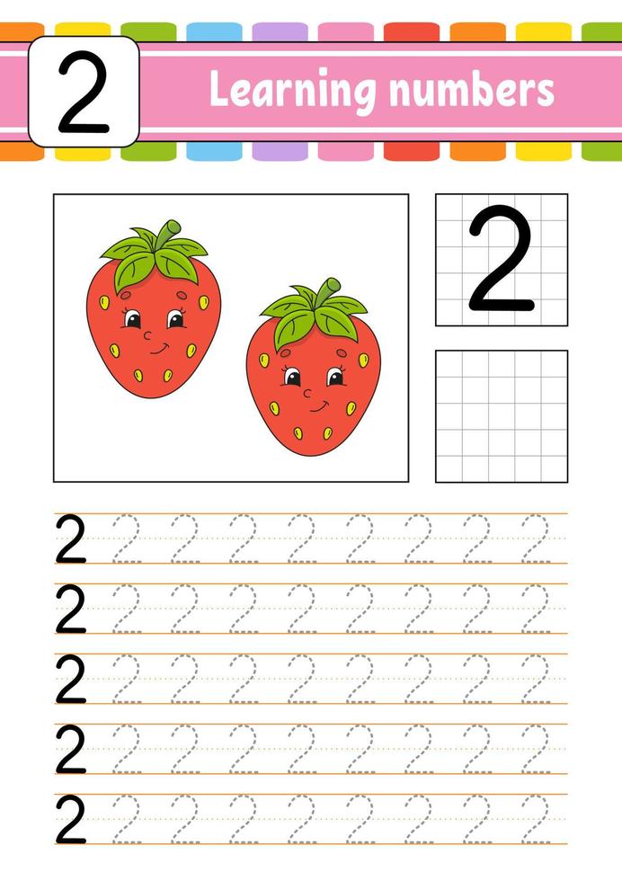 trace et écrit. pratique de l'écriture manuscrite. apprendre les nombres pour les enfants. feuille de travail de développement de l'éducation. page d'activité. jeu pour les tout-petits et les enfants d'âge préscolaire. illustration vectorielle isolée dans un style dessin animé mignon. vecteur