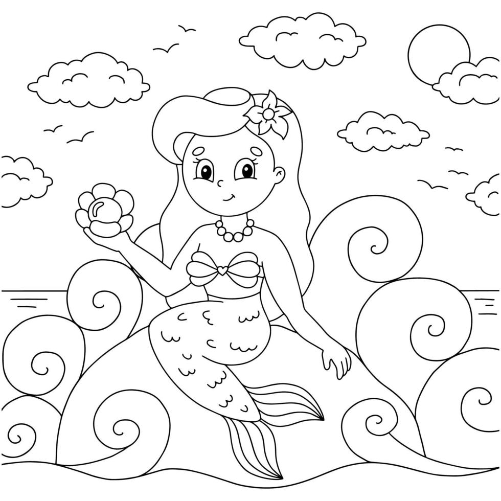 jeune belle petite sirène est assise sur une pierre. page de livre de coloriage pour les enfants. personnage de style dessin animé. illustration vectorielle isolée sur fond blanc. vecteur