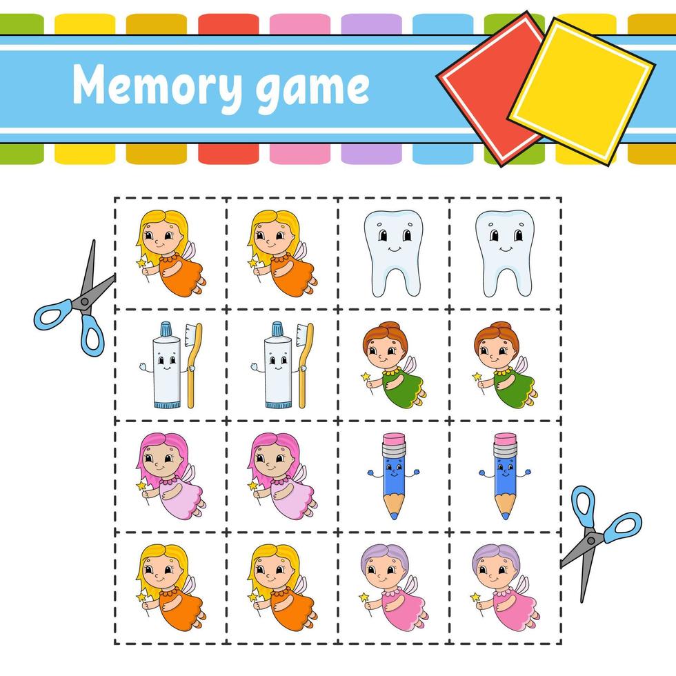 jeu de mémoire pour les enfants. feuille de travail de développement de l'éducation. page d'activité avec des images. jeu de puzzle pour les enfants. formation à la pensée logique. illustration vectorielle isolée. drôle de personnage. style de bande dessinée. vecteur