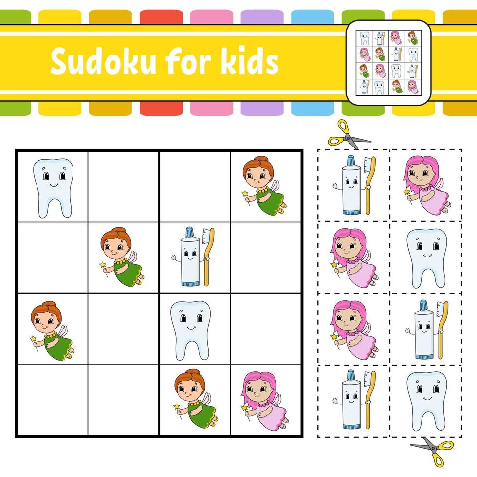 sudoku pour les enfants. feuille de travail de développement de l'éducation. page d'activité avec des images. jeu de puzzle pour les enfants. formation à la pensée logique. illustration vectorielle isolée. drôle de personnage. style de bande dessinée. vecteur