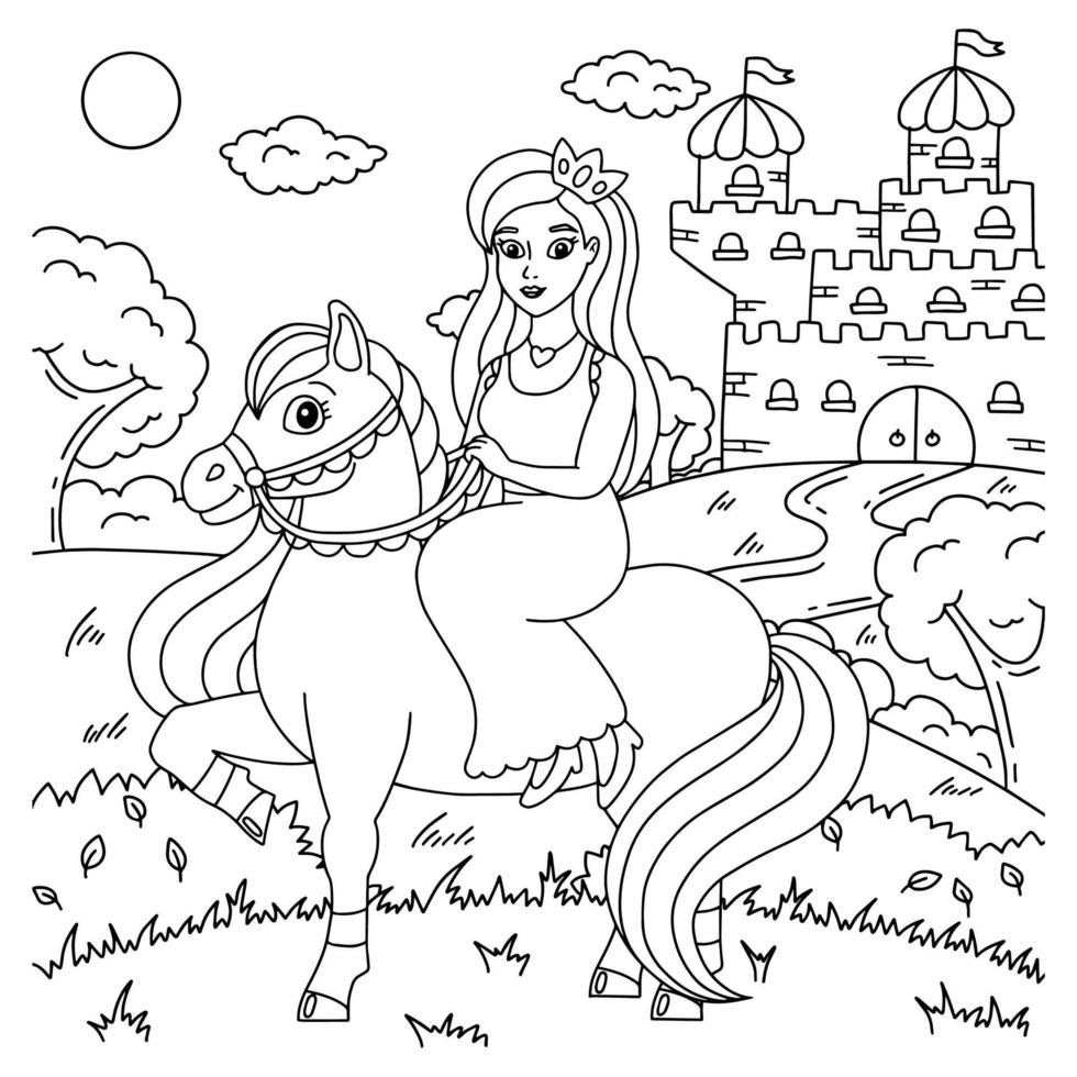 cheval mignon avec princesse. animaux de ferme. page de livre de coloriage pour les enfants. personnage de style dessin animé. illustration vectorielle isolée sur fond blanc. vecteur