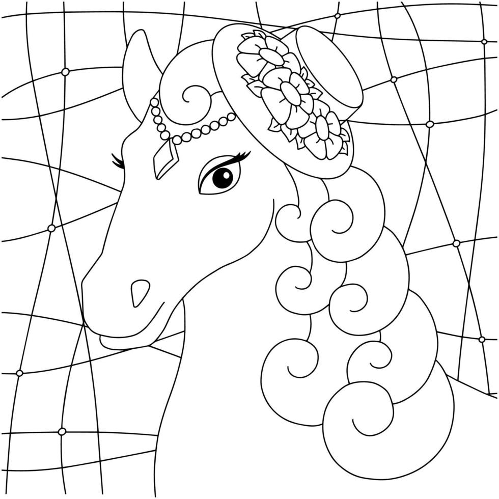 jolie tête de cheval. animaux de ferme. page de livre de coloriage pour les enfants. style de bande dessinée. illustration vectorielle isolée sur fond blanc. vecteur