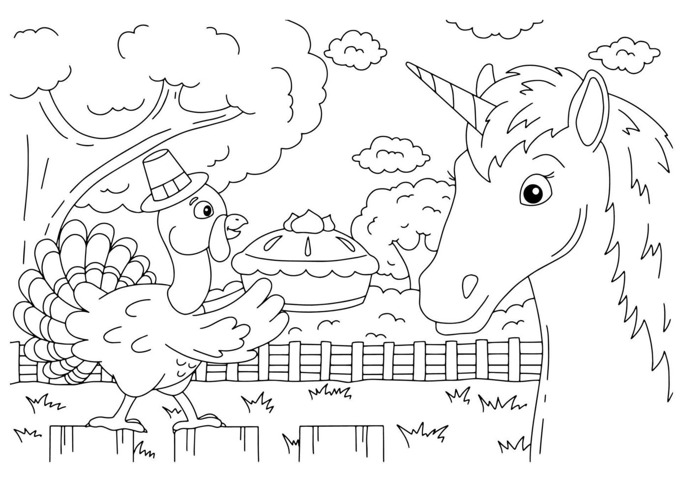 une dinde de ferme porte une tarte à la citrouille. jolie licorne. cheval de fée magique. page de livre de coloriage pour les enfants. jour d'action de grâce. style de bande dessinée. illustration vectorielle isolée sur fond blanc. vecteur