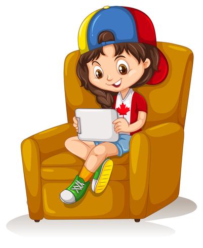 Petite fille avec tablette assis sur une chaise vecteur