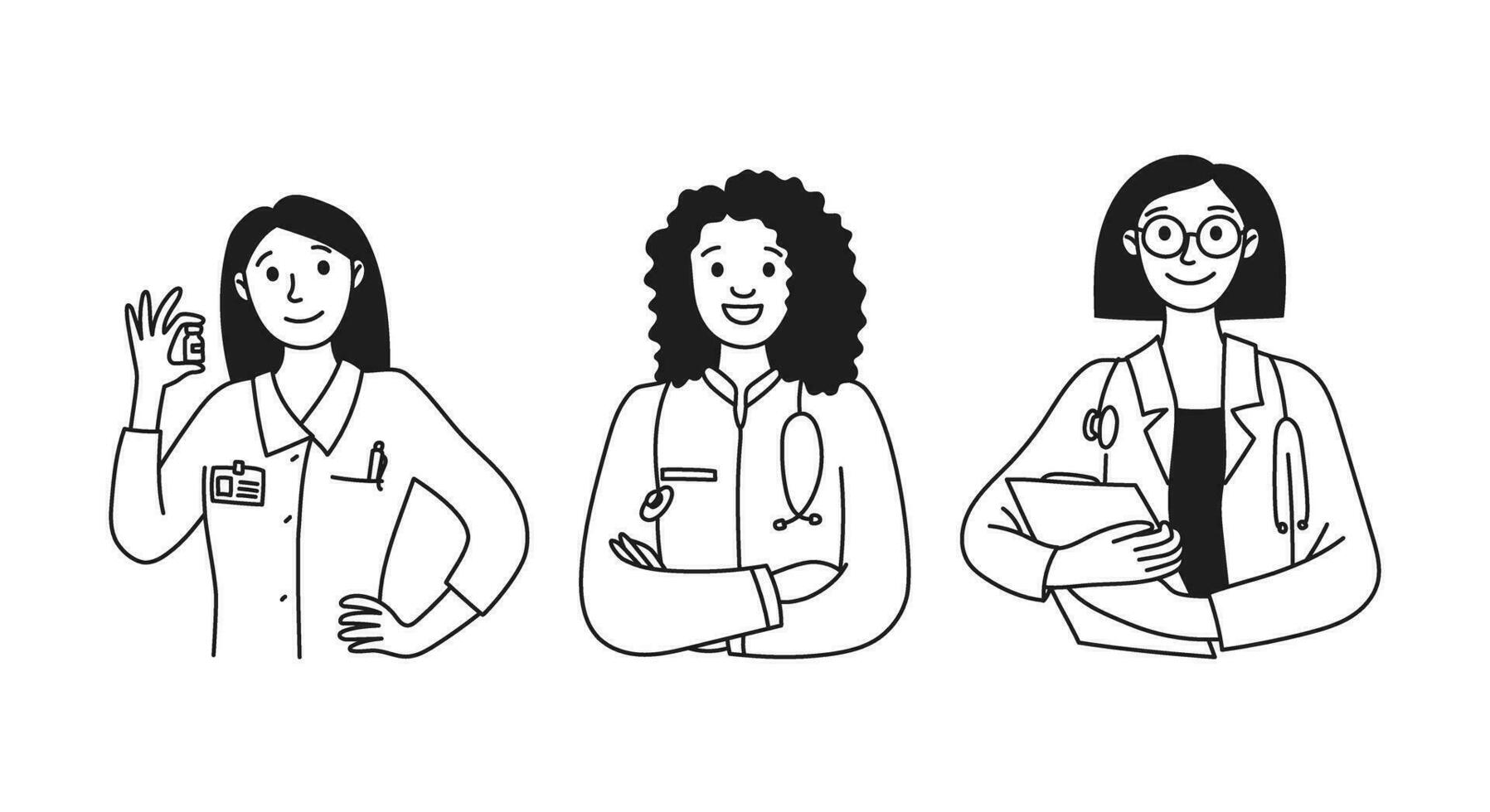 femmes médecins. médecin. la diversité femmes dans différent pose. vecteur linéaire griffonnage illustration