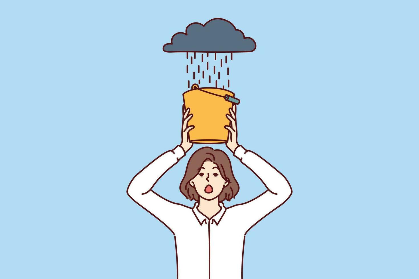 femme est peur de pluie, couvrant tête avec seau de eau, pour concept de affaires problèmes vecteur