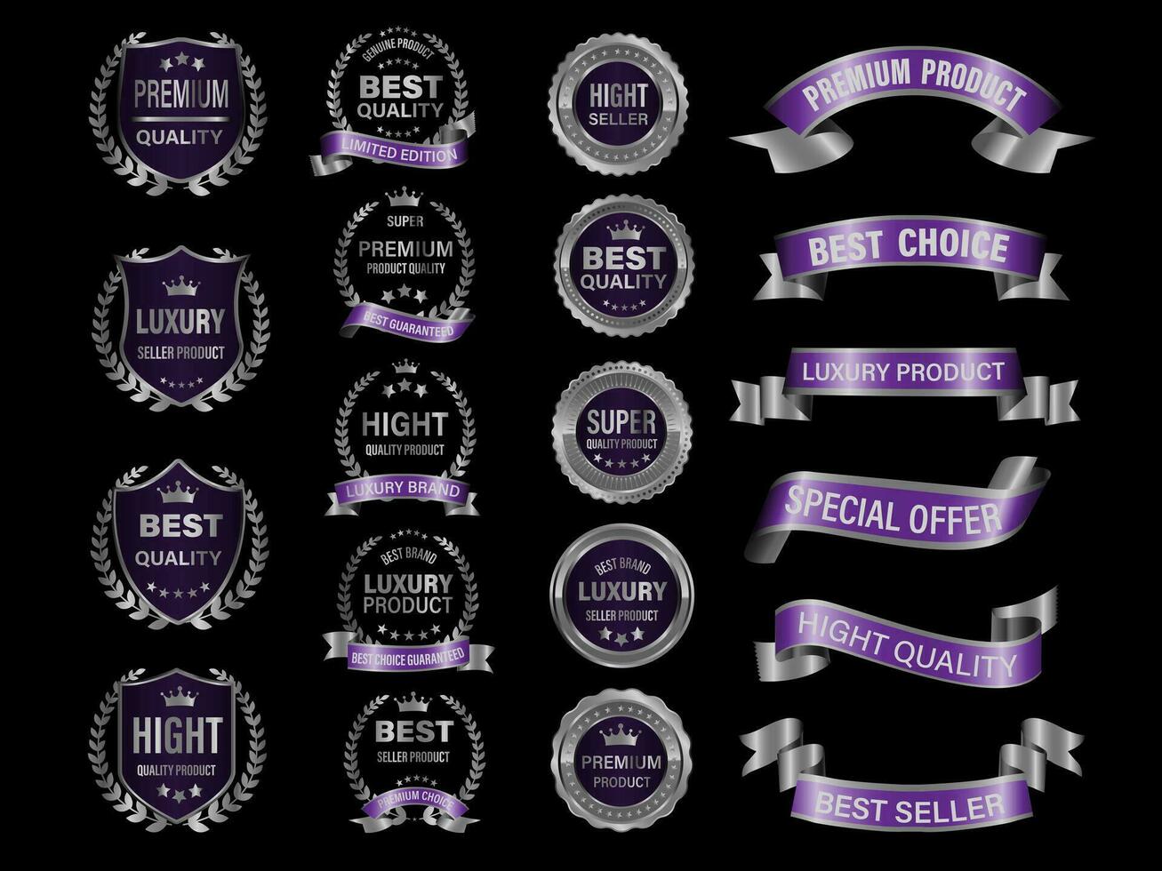 argent violet luxe prime qualité étiquette badges sur noir Contexte vecteur