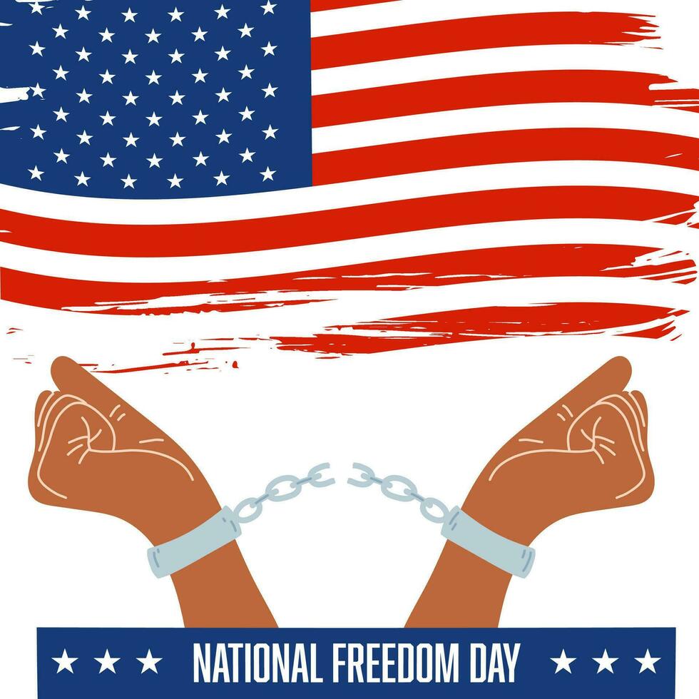 nationale liberté journée concept, 1 février fête. main tiré drapeau de uni États avec mains dans menottes avec une cassé chaîne. vecteur
