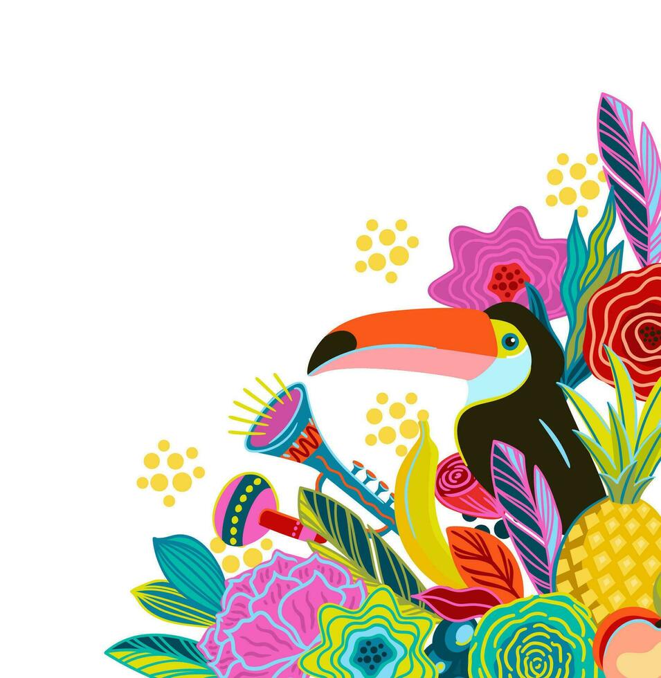 isolé coin illustration avec fleurs et toucan. Brésil carnaval. vecteur conception pour carnaval concept et autre utilisation