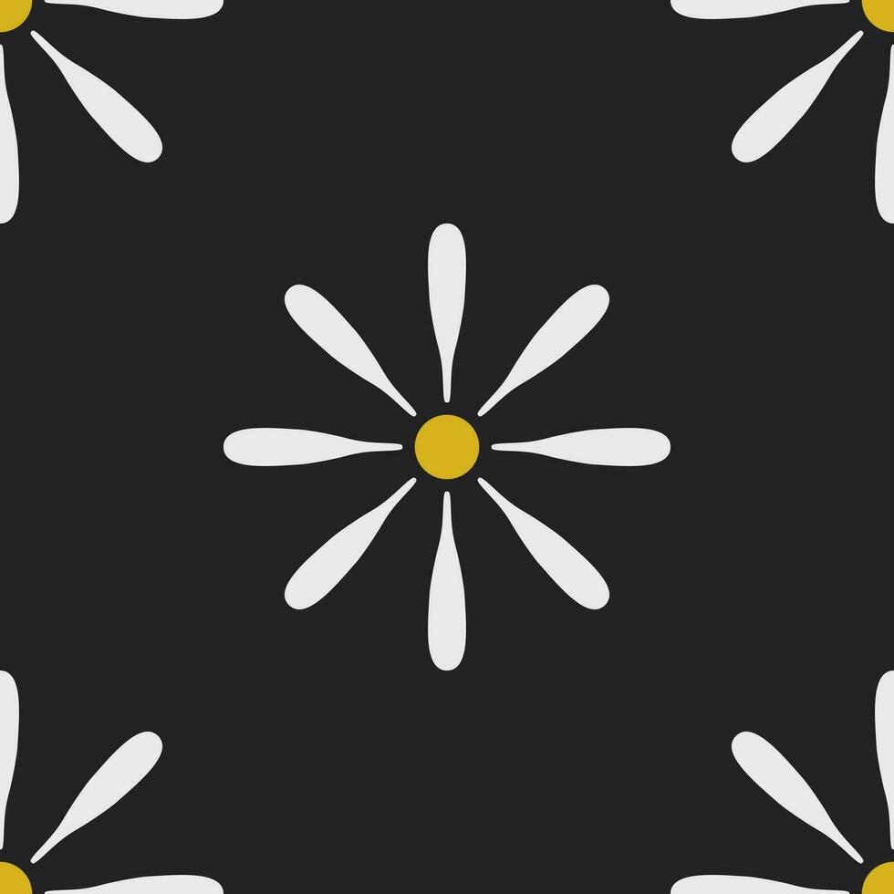 blanc fleur pétale avec Jaune pollen sur plaine noir arrière-plan, carrelable sans couture modèle avec géométrique art style vecteur