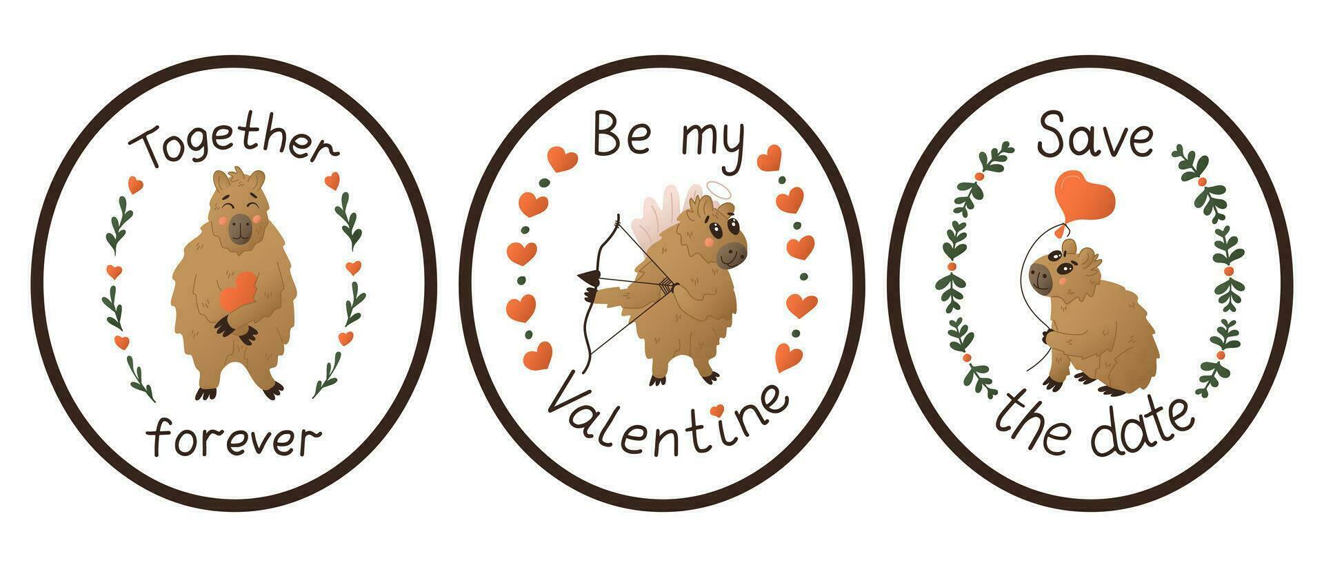 ensemble de plat coloré capybaras autocollants avec écriture texte. st valentines journée typographique concept. mignonne animal personnages avec floral cadres. isolé autocollant avec l'amour caractères sur blanc Contexte vecteur