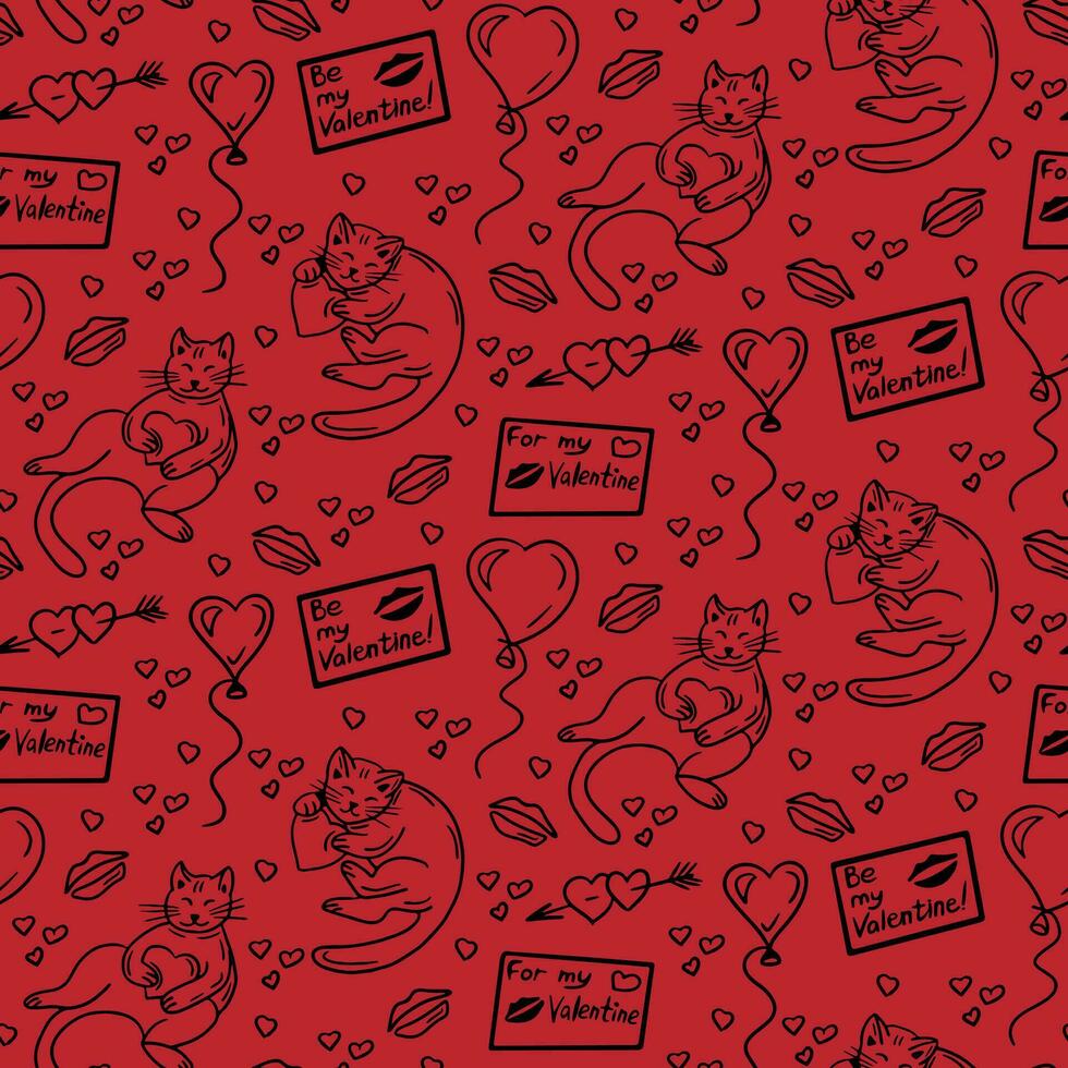 chats avec cœur sur valentines journée sans couture modèle. vecteur isolé noir éléments en relation à l'amour vacances sur rouge Contexte. impression conception pour textile, fond d'écran st valentines journée concept modèle