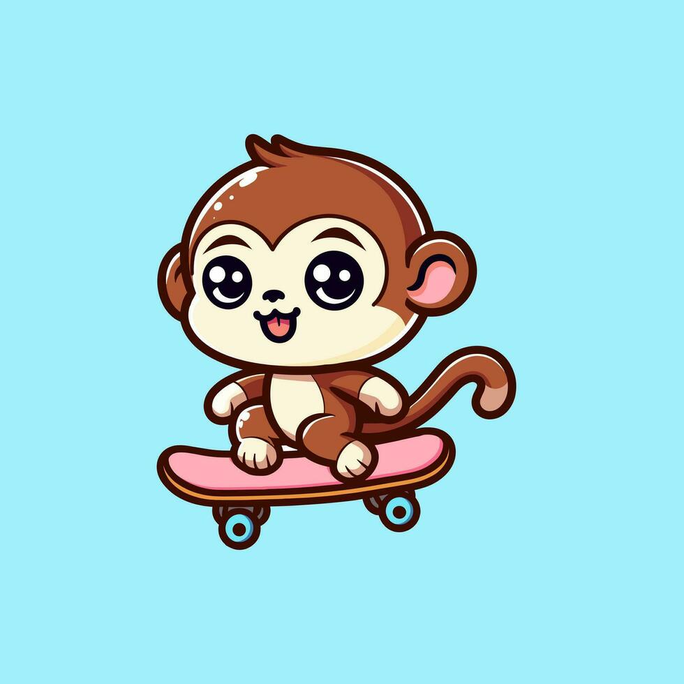 mignon, singe, jouer, skateboard, dessin animé, vecteur, icône, illustration vecteur