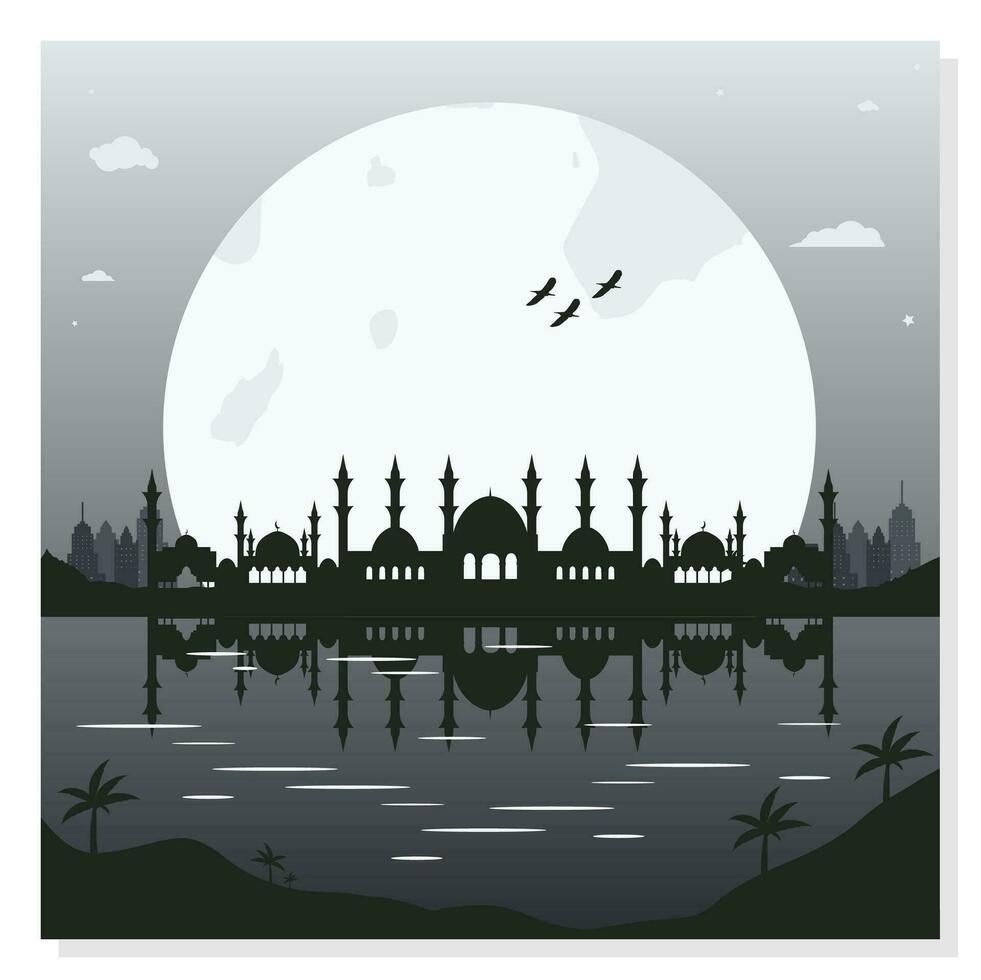 mosquée silhouette arrière-plans avec Urbain bâtiments et plein lune dans le Contexte vecteur