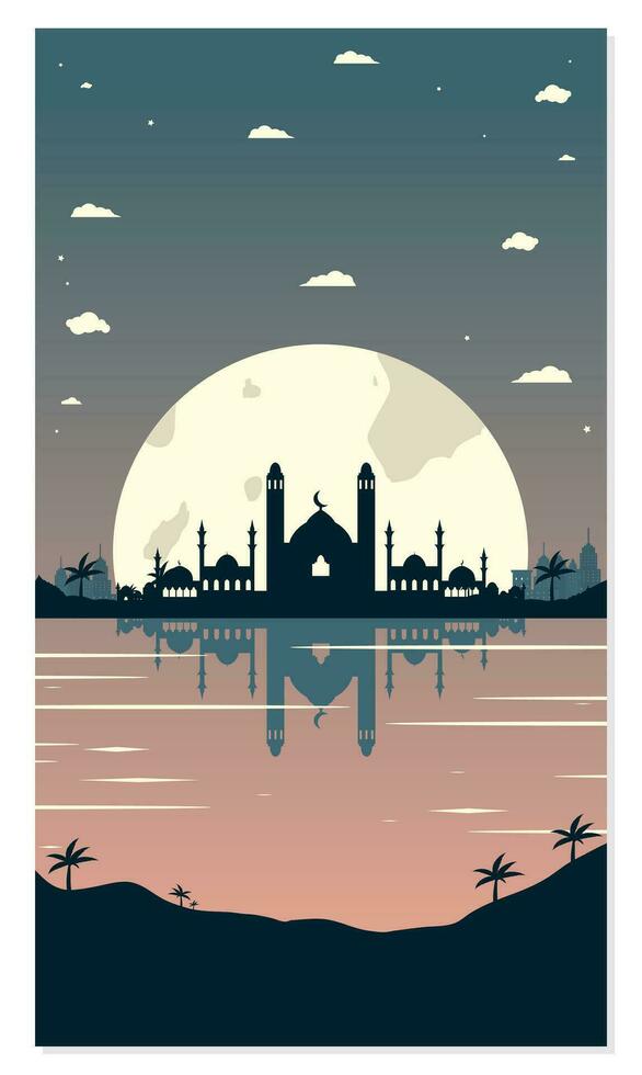 mosquée silhouettes avec Urbain bâtiments et le coucher du soleil Contexte vecteur