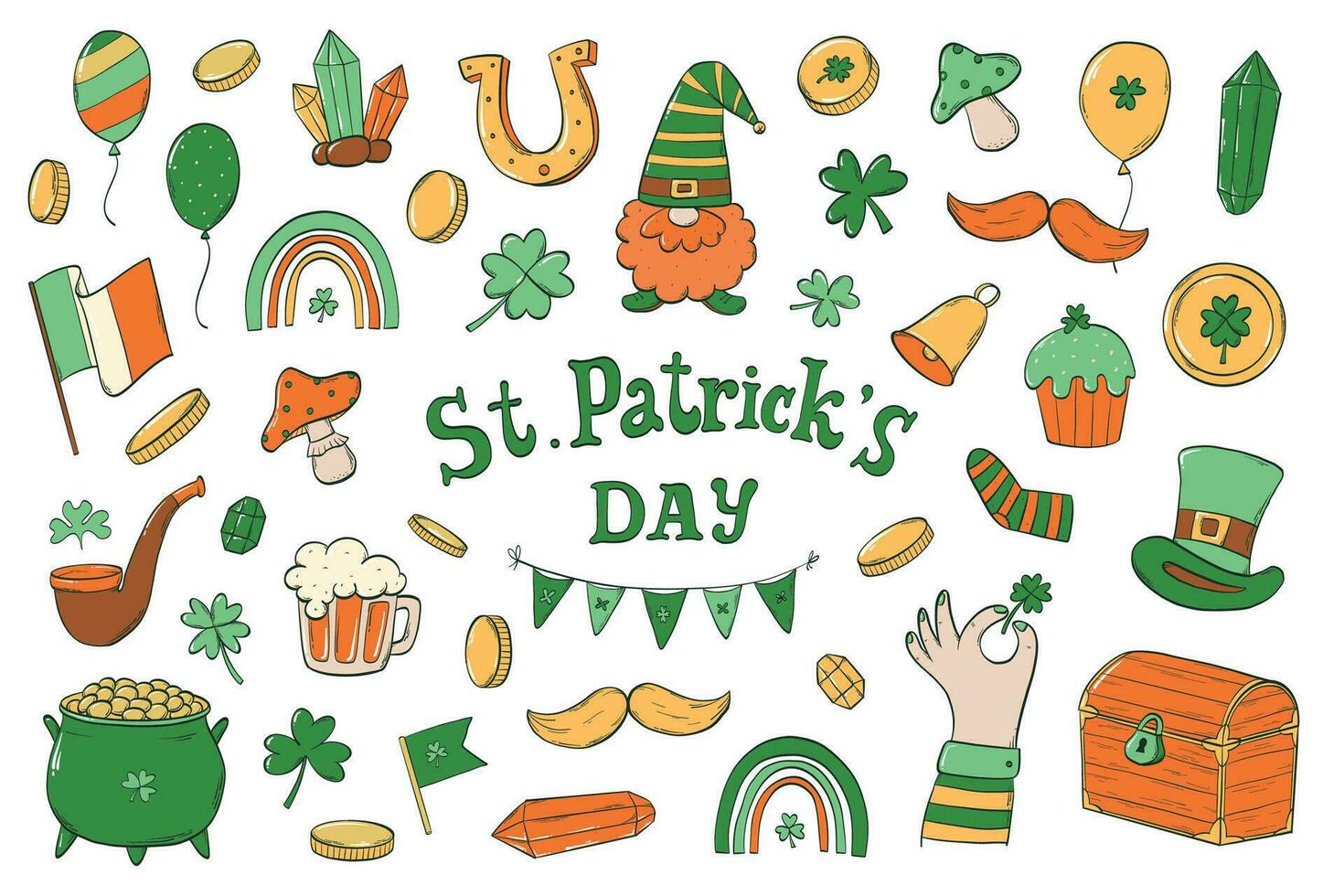 st. patrick's journée griffonnages collection, main tiré dessin animé décoratif éléments pour autocollants, impressions, cartes, sublimation, affiches, etc. eps dix vecteur