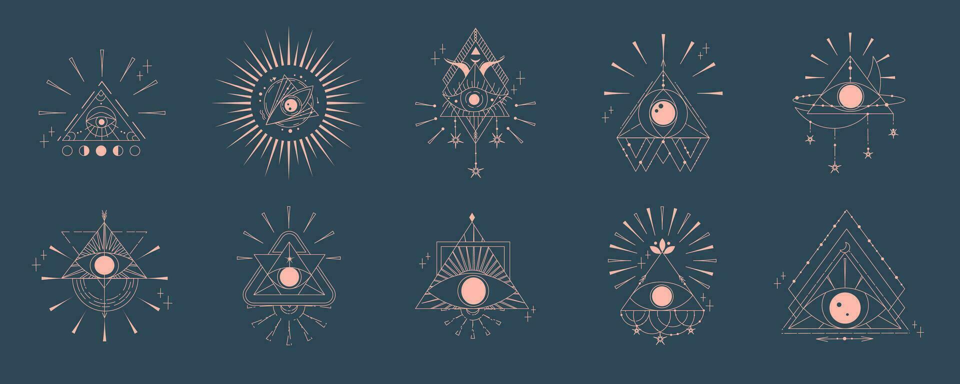 ésotérique pyramide ensemble avec œil isolé. occulte mystique Triangle avec Soleil et étoile. géométrique ésotérique symbole. vecteur illustration conception tiré dans lignes. mystique œil dans Triangle