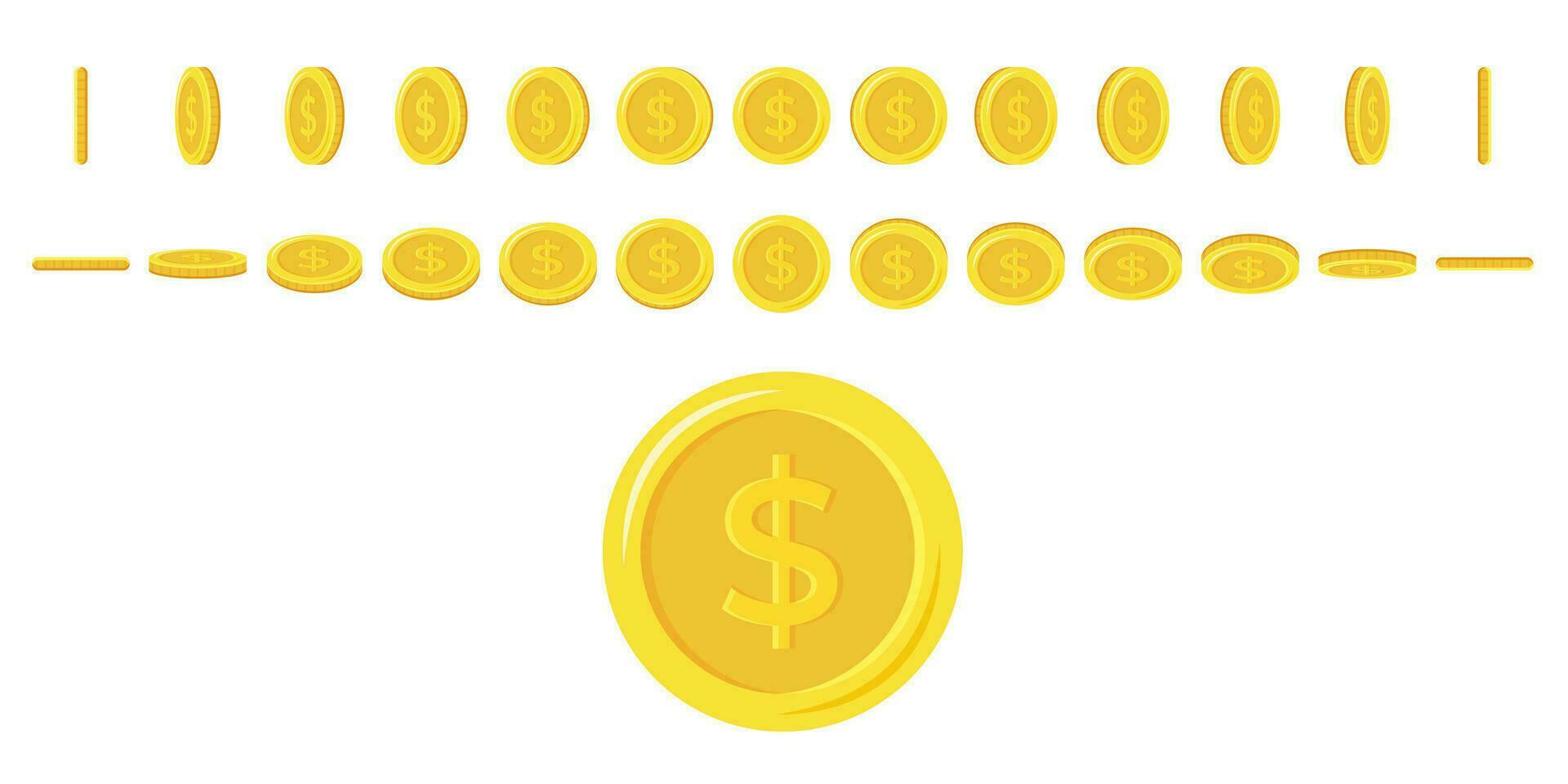 dollar pièces de monnaie tournant. ensemble de rotation or pièces de monnaie à différent angles pour animation. plat vecteur illustration.