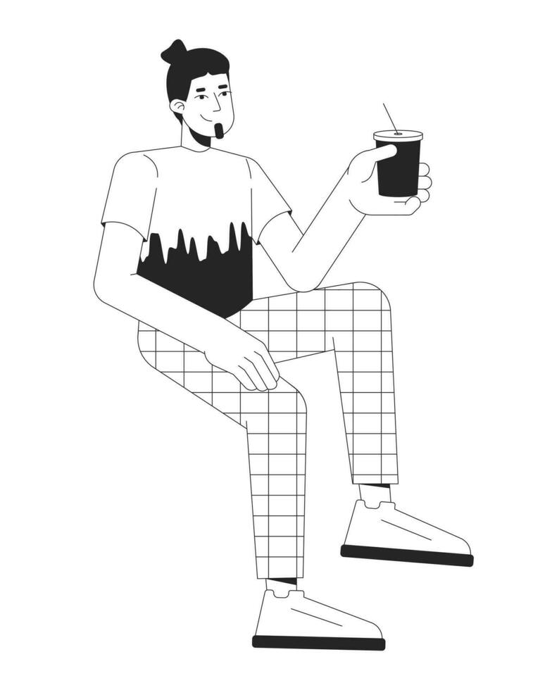 souriant caucasien homme effrayant avec boisson noir et blanc 2d ligne dessin animé personnage. détendu gars en portant cocktail à votre santé isolé vecteur contour personne. insouciant monochromatique plat place illustration