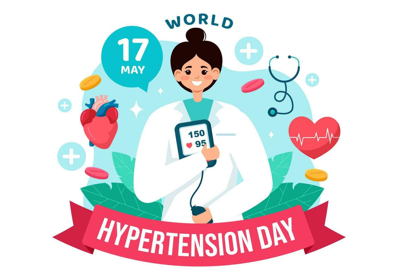 monde hypertension journée vecteur illustration sur mai 17e avec haute du sang pression, tensimètre et rouge l'amour image dans soins de santé plat Contexte