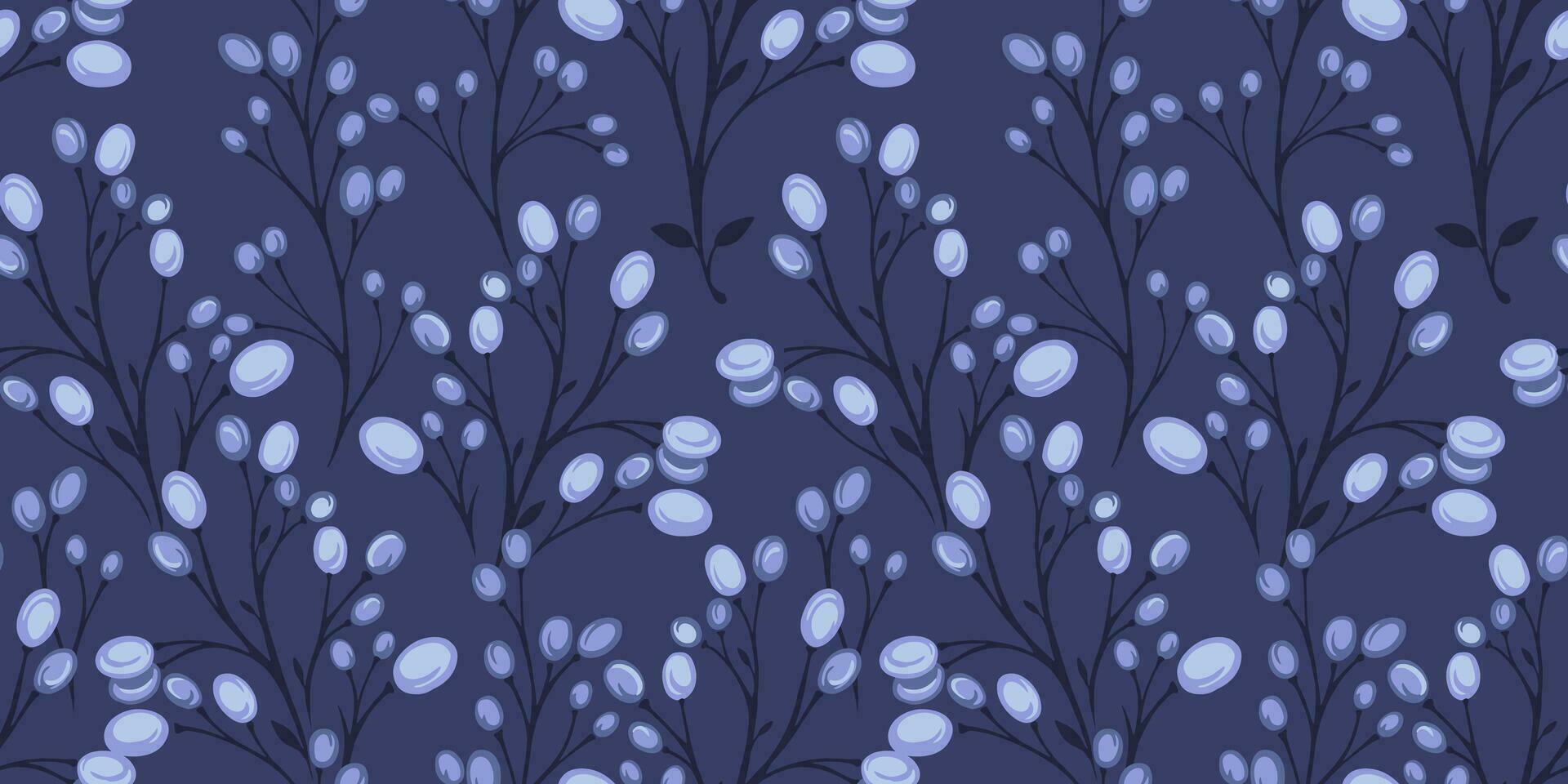 brillant bleu monochrome floral tige sans couture modèle. Créatif branches avec baies ou gouttes Contexte . abstrait Facile art botanique imprimer. vecteur main dessiné. conception pour mode, tissu, textile