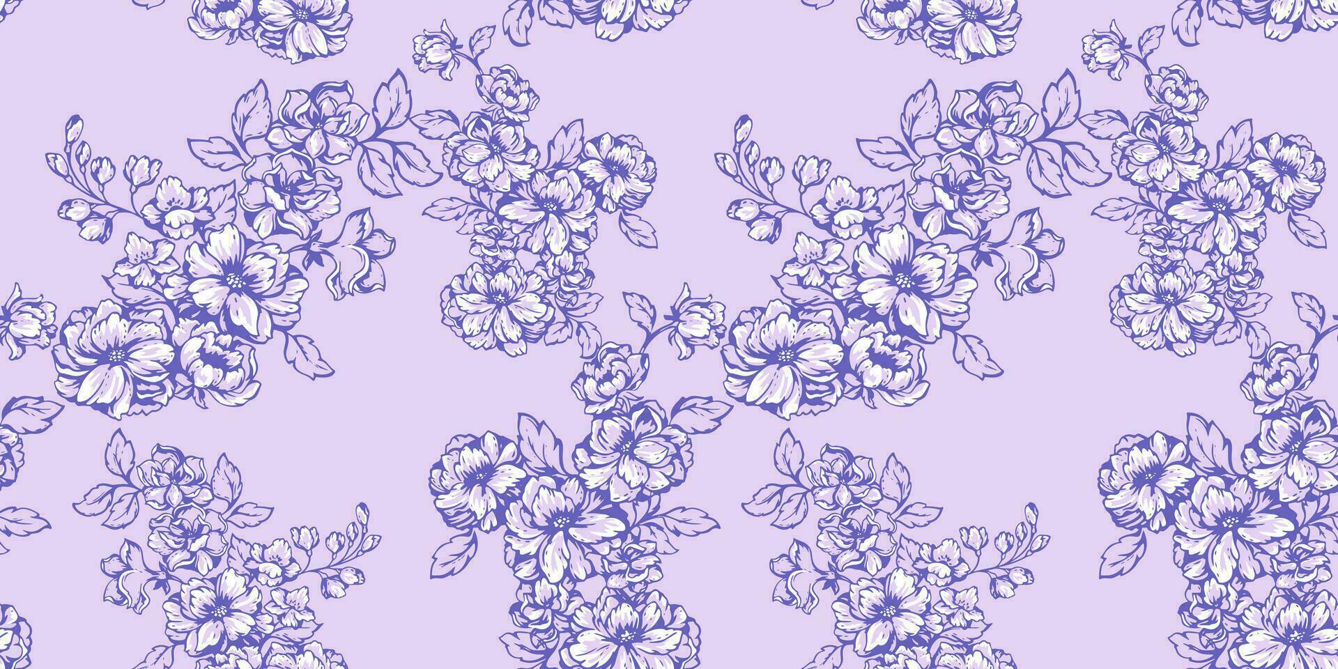 pastel artistique, abstrait floral branches modèle. épanouissement champ dans beaucoup sortes fleurs sur une violet Contexte. élégance Créatif botanique imprimer. vecteur main tiré lignes, grandes lignes, forme fleurs