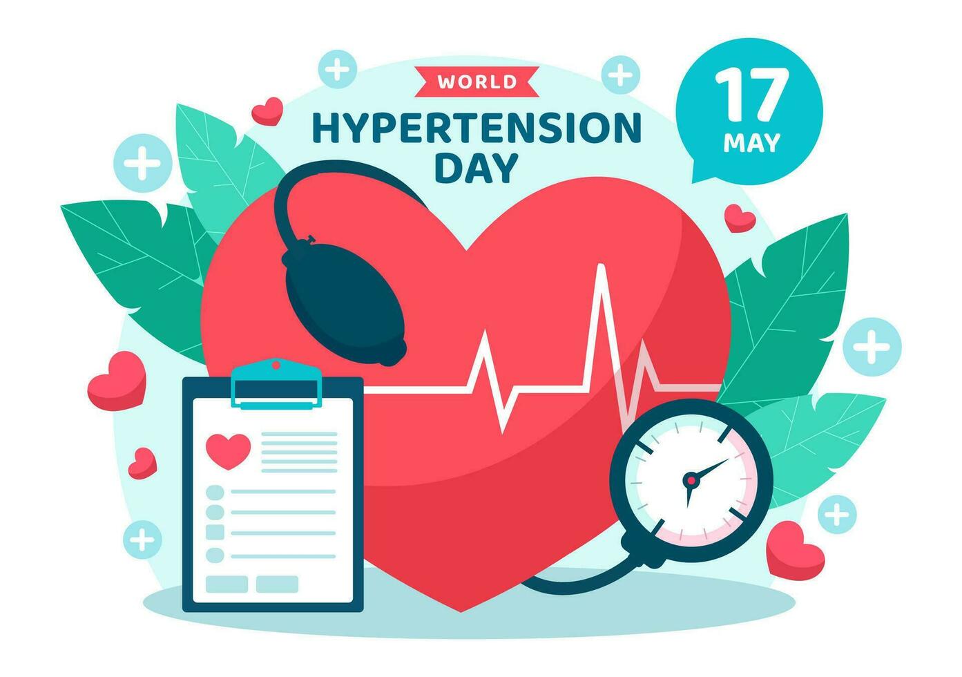 monde hypertension journée vecteur illustration sur mai 17e avec haute du sang pression, tensimètre et rouge l'amour image dans soins de santé plat Contexte