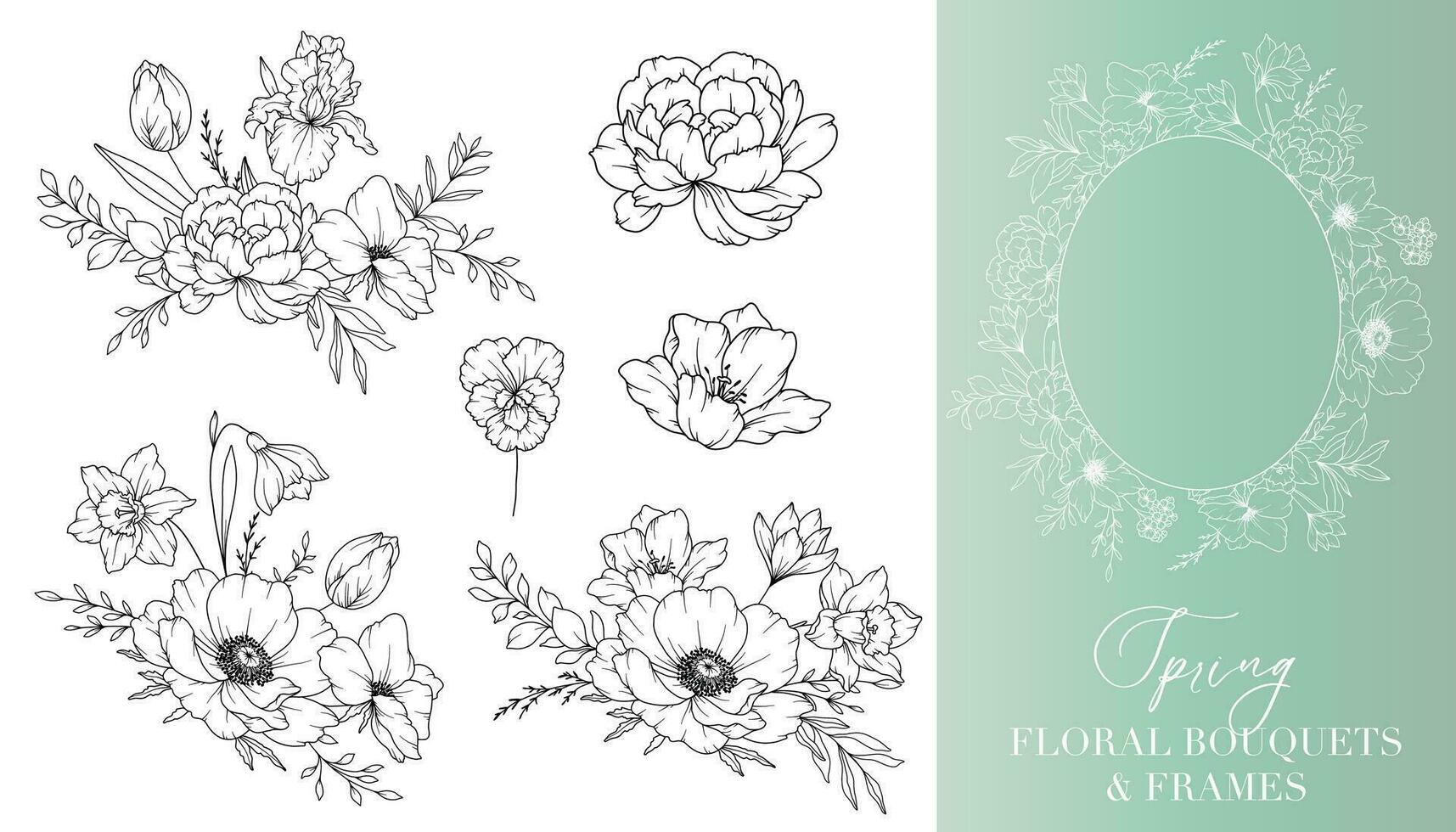 printemps fleurs ligne dessin. floral cadres et bouquets. floral ligne art. bien ligne printemps cadres main tiré illustration. main tiré contour fleurs. mariage invitations et cartes conception élément vecteur