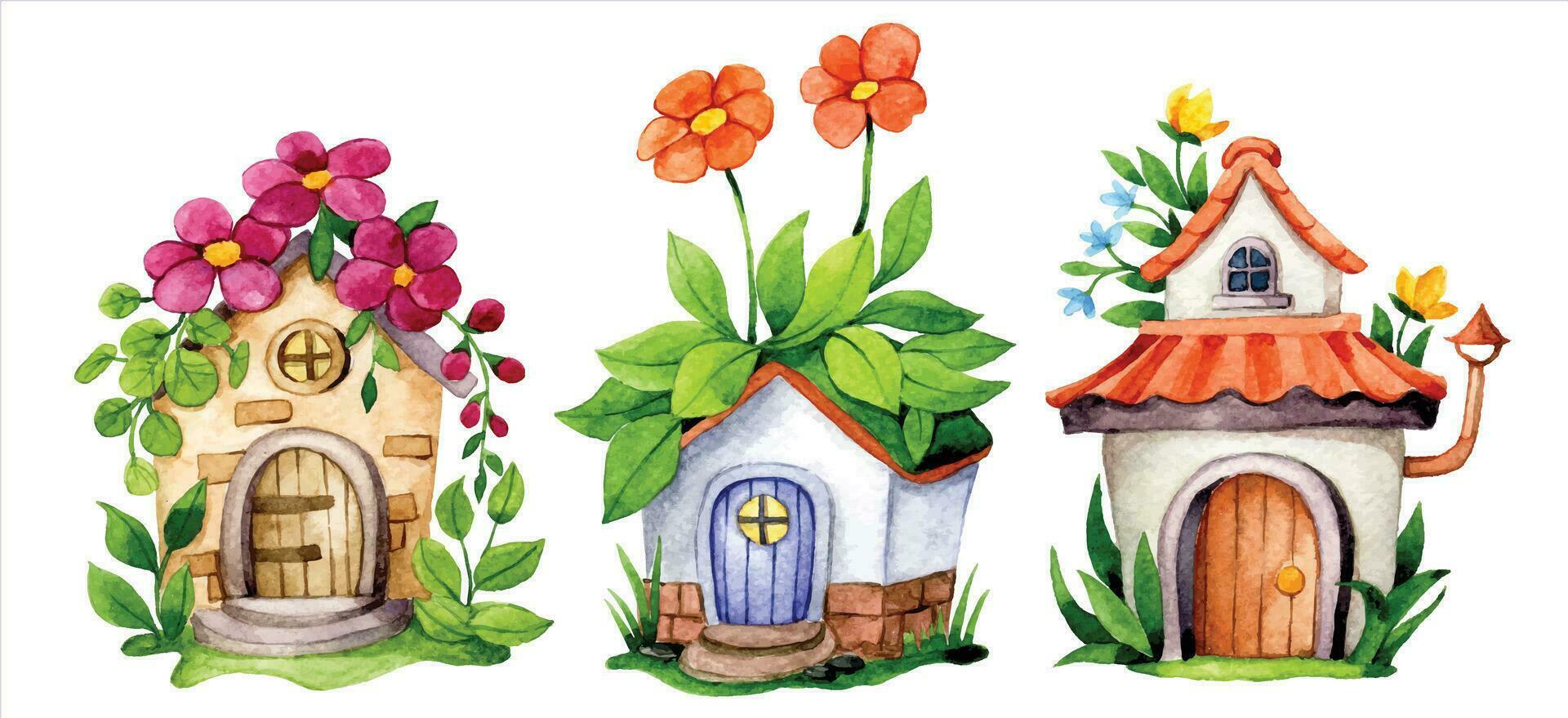 ensemble de mignonne fleur Maisons, aquarelle dessin avec Fée maison dans fleur jardin vecteur