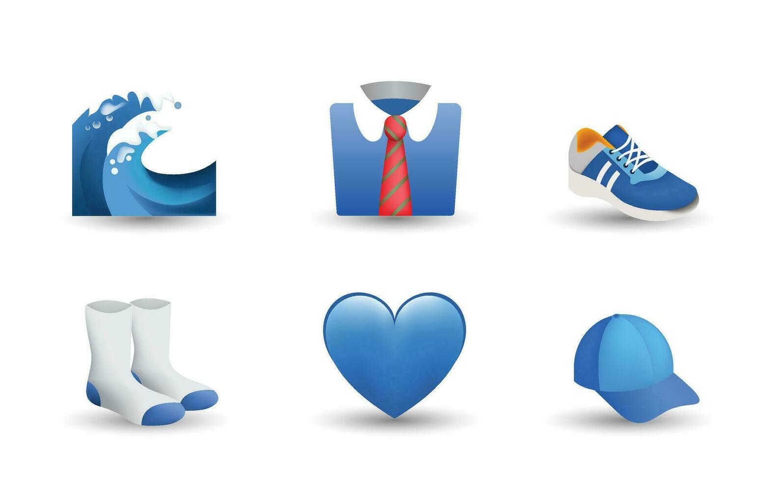 6 émoticône isolé sur blanc Contexte. isolé vecteur illustration. vague, costume, baskets, chaussettes, bleu cœur, casquette vecteur emoji illustration. ensemble de 3d objets illustration dans bleu couleur.